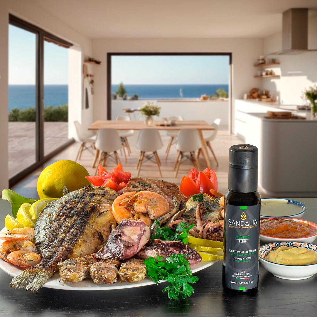 Grigliata Mista di Pesce con Tris di Salse e Olio Blend Bosema