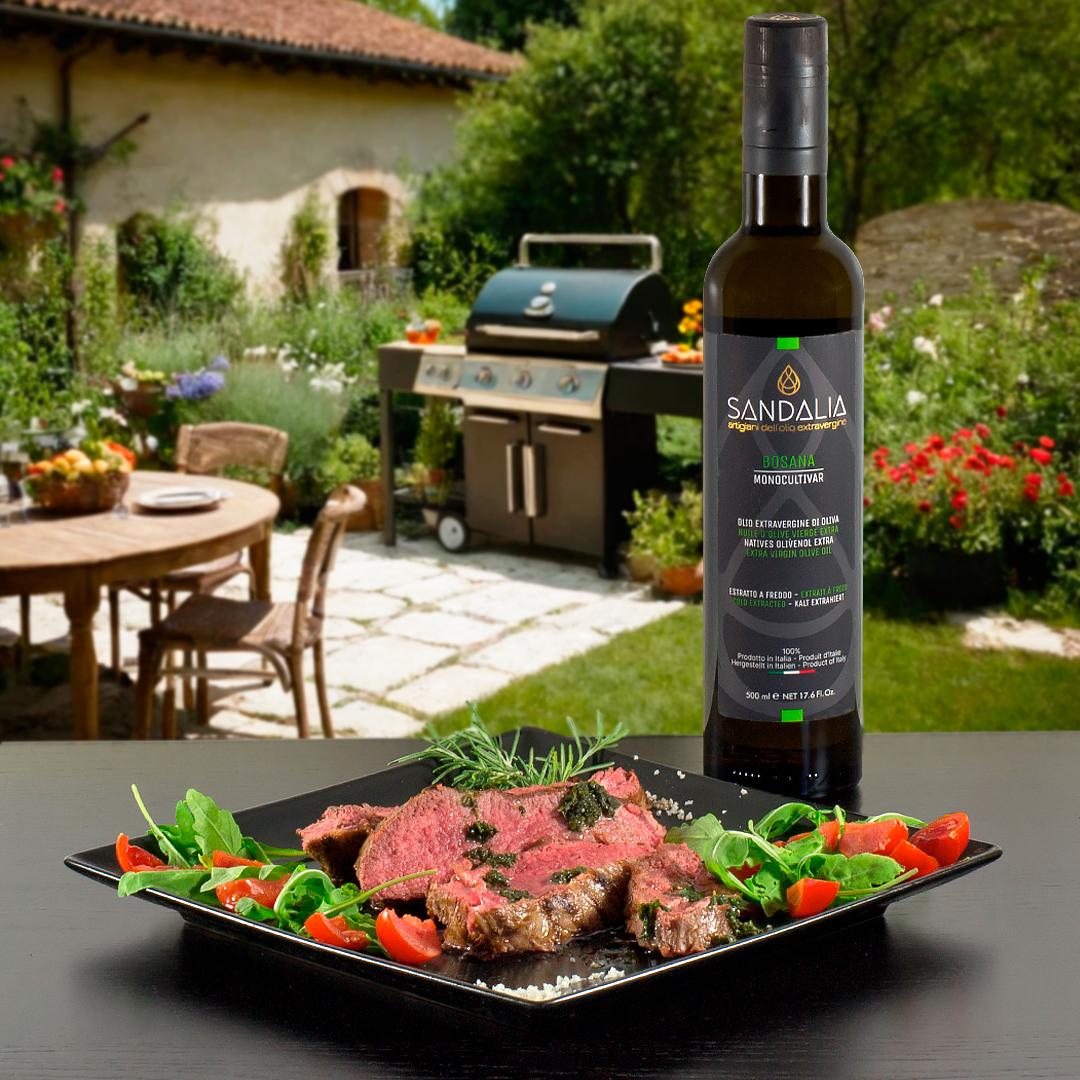 Tagliata di Manzo con Rucola, Pomodorini e Olio Bosana